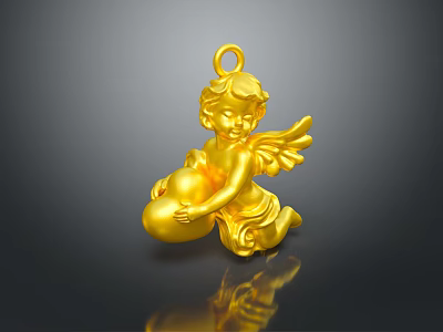 Golden Cherub Pendant With Detailed Wings Holding Heart Shiny Decorative Ornament 3d model