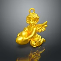 Golden Cherub Pendant With Detailed Wings Holding Heart Shiny Decorative Ornament