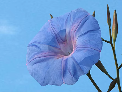 Beautiful Blue Morning Glory Flower With Buds Against Blue Sky Background 3d model