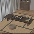 Cozy Japanese Tea Room With Wooden Table Tea Sets Straw Cushions And Cabinet