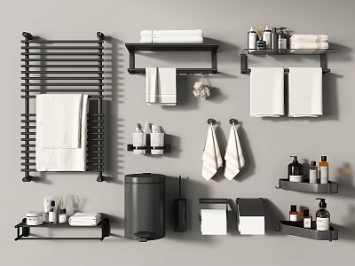 Bathroom Accessories With Towel Rack Shelves Towels Toiletries Trash Can And Brush 3d model