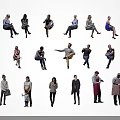 Multiple People in Various Poses and Different Clothing Against Black Background