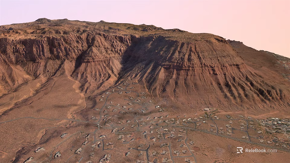 Scenic Garden Landscape With Red Mountain Ranges And Small Town At Foot 3d model 