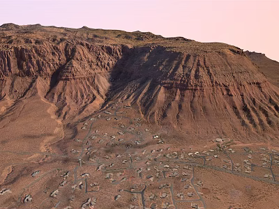 Scenic Garden Landscape With Red Mountain Ranges And Small Town At Foot 3d model