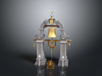 Ornate Arch Structure With Golden Bell Stone Pillars And Cross Top Decor 3d model