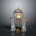 Ornate Arch Structure With Golden Bell Stone Pillars And Cross Top Decor