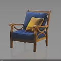 Comfortable Wooden Chair With Blue Cushion Yellow Pillow And Classic Armrest Design