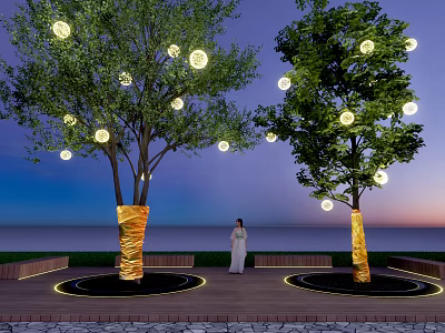 Arbor Trees With Gold Wrapped Trunks And Hanging Round Lights At Sunset By Sea View 3d model