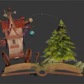 Whimsical Open Book Display With Small Wheeled House And Green Pine Trees