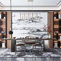 Elegant Modern Tea Room Interior With Chinese Landscape Backdrop Chandelier Bookshelves And Tea Sets