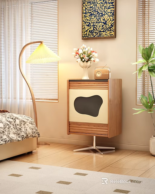 Wooden Decorative Cabinet with Flower Vase Vintage Radio Floor Lamp and Green Plant 3d model 