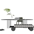 Modern White Desk Setup With Laptop Green Plant And Bench Holding White Shoes
