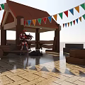 Cartoon Style Village Scene With Windmill Red Roofs And Plaza Decorations