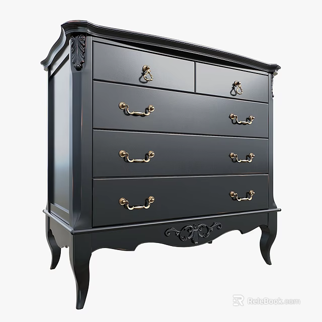Classic Black Chest Of Drawers With Golden Handles And Intricate Carved Details 3d model 
