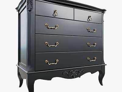 Classic Black Chest Of Drawers With Golden Handles And Intricate Carved Details 3d model