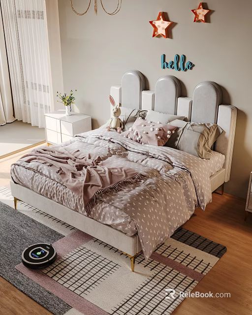 Cozy Kids Bed With Soft Headboard Pink Gray Bedding Stuffed Rabbit And Hello Wall Decor 3d model 