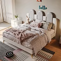 Cozy Kids Bed With Soft Headboard Pink Gray Bedding Stuffed Rabbit And Hello Wall Decor