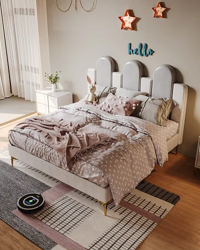 Cozy Kids Bed With Soft Headboard Pink Gray Bedding Stuffed Rabbit And Hello Wall Decor 3d model