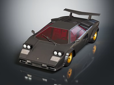 Classic Sports Car With Dark Body Red Interior Gold Wheels Square Headlights And Rear Spoiler 3d model