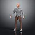 3D Male Character Standing In Gray Plaid Shirt Brown Pants Gray Shoes On Black Background