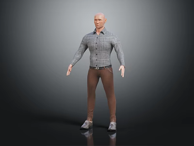 3D Male Character Standing In Gray Plaid Shirt Brown Pants Gray Shoes On Black Background 3d model