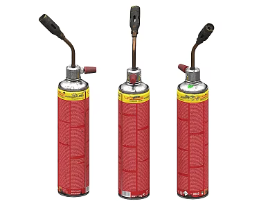 Three Red Industrial Gas Cylinders With Various Nozzles And Yellow Safety Labels 3d model
