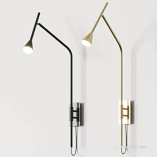 Modern Black And Gold Wall Lamps With Curved Arm And Conical Shade On White Wall 3d model 