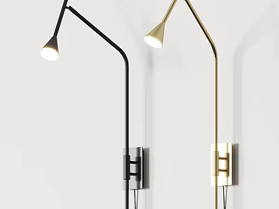 Modern Black And Gold Wall Lamps With Curved Arm And Conical Shade On White Wall 3d model