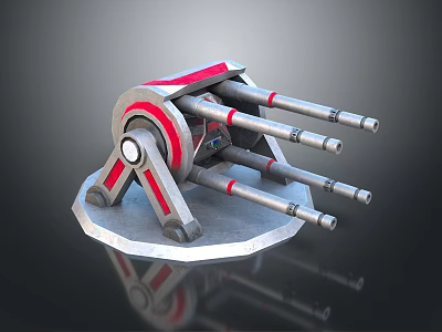 Mechanical Device With Multiple Silver Barrels Red Gray Structure And Metal Base 3d model