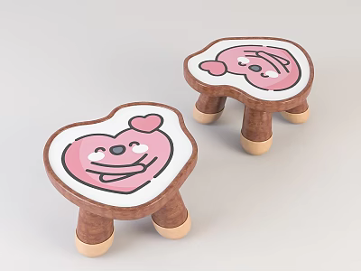 Cute Heart Shaped Sofa Stools with Pink Cartoon Patterns and Wooden Legs for Kids Room 3d model