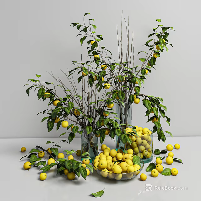 Decorative Ceramic Vases With Lemon Branches And Fresh Lemons On Tabletop 3d model