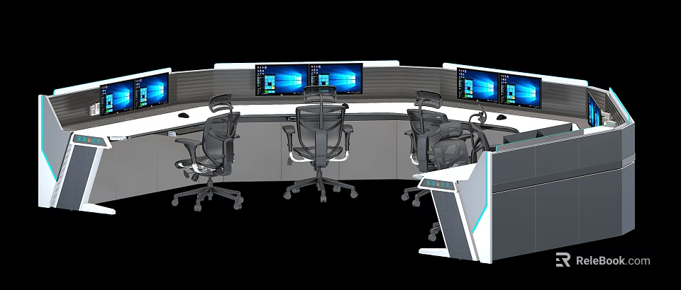 Curved Office Desk with Multiple Monitors and Ergonomic Office Chairs in Modern Workspace 3d model 