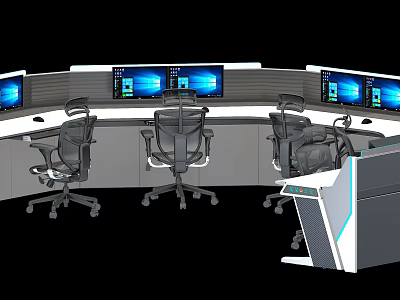 Curved Office Desk with Multiple Monitors and Ergonomic Office Chairs in Modern Workspace 3d model