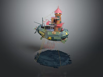 Cartoon Scene with Flying Ship Featuring Red Tower Ladder and Net Over Dark Blue Water 3d model