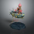 Cartoon Scene with Flying Ship Featuring Red Tower Ladder and Net Over Dark Blue Water