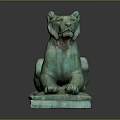 Reclining Green Bronze Lion Statue With Square Base And Dark Reflective Background