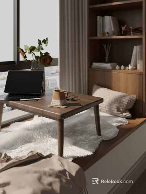 Cozy Bay Window Nook With Wooden Table Laptop Coffee Mug Sunflowers And Fur Rug 3d model 