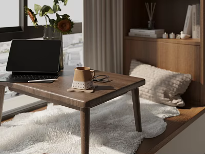 Cozy Bay Window Nook With Wooden Table Laptop Coffee Mug Sunflowers And Fur Rug 3d model
