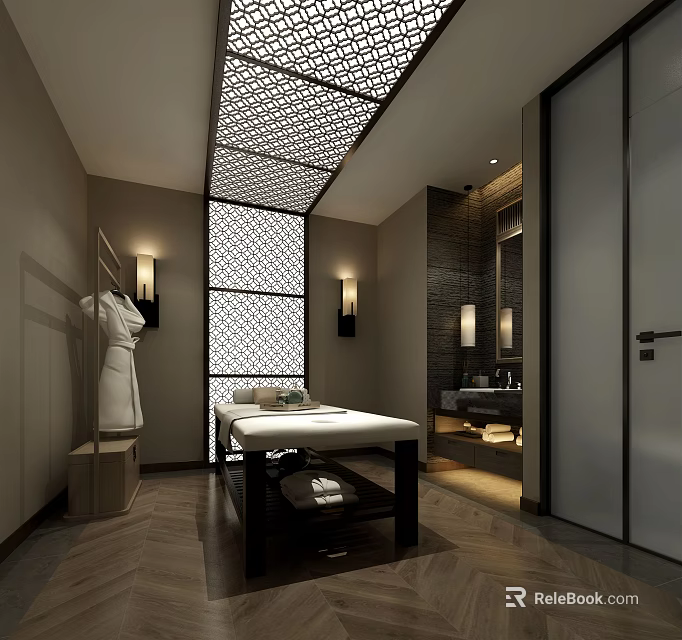 Elegant SPA Sauna Interior With Massage Bed Robe Wall Lamps And Lattice Ceiling 3d model 