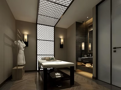 Elegant SPA Sauna Interior With Massage Bed Robe Wall Lamps And Lattice Ceiling 3d model