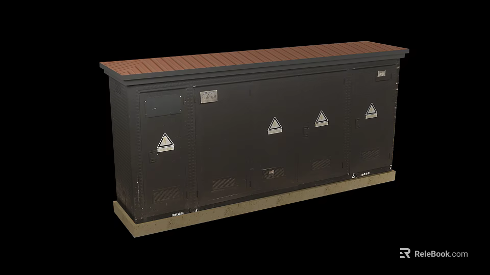 Public Utility Outdoor Equipment Cabinet With Brown Top And Warning Signs 3d model 