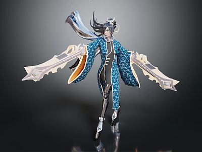 Stylish Decorative Action Figure With Blue Patterned Outfit Silver Weapons And Black Hair 3d model