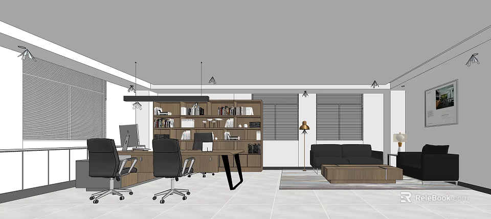 Modern Office Interior With Wooden Desks Ergonomic Chairs Bookshelves Sofa And Ceiling Lights 3d model 