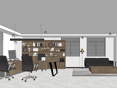 Modern Office Interior With Wooden Desks Ergonomic Chairs Bookshelves Sofa And Ceiling Lights 3d model