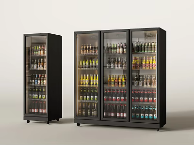 Black Glass Door Refrigerators With Single And Triple Doors Filled With Assorted Beverages 3d model