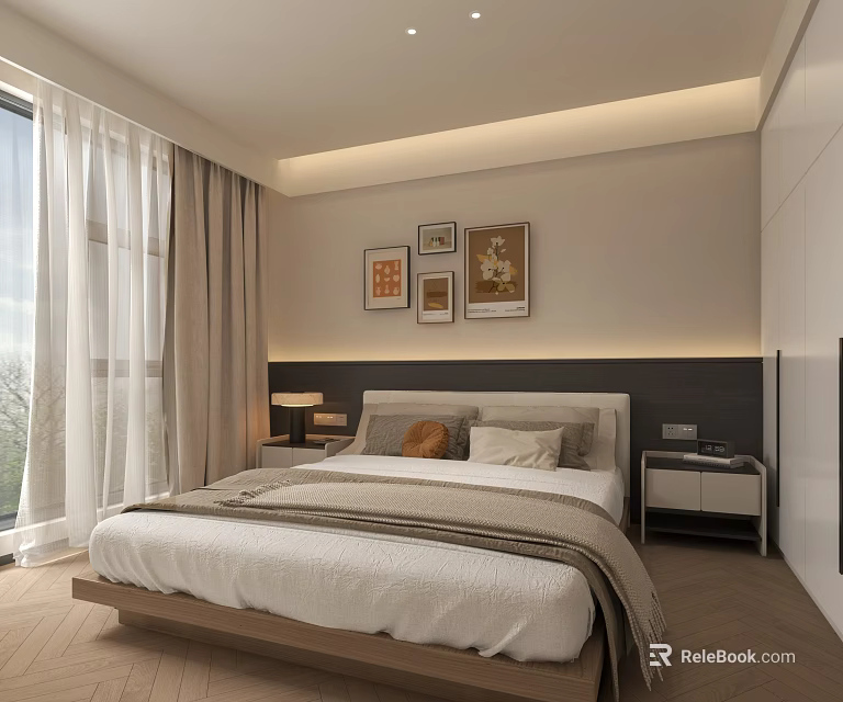 Modern Apartment Bedroom Interior With Bed Curtains Bedside Tables And Wall Paintings 3d model 