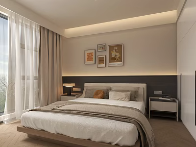 Modern Apartment Bedroom Interior With Bed Curtains Bedside Tables And Wall Paintings 3d model