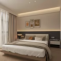 Modern Apartment Bedroom Interior With Bed Curtains Bedside Tables And Wall Paintings