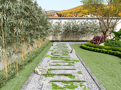 Natural Garden Stepping Stones Path With Lush Greenery Bamboo And Lawn 3d model