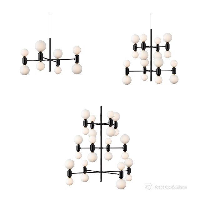 Modern Chandelier Design With Multiple White Spheres And Black Metal Frames 3d model 